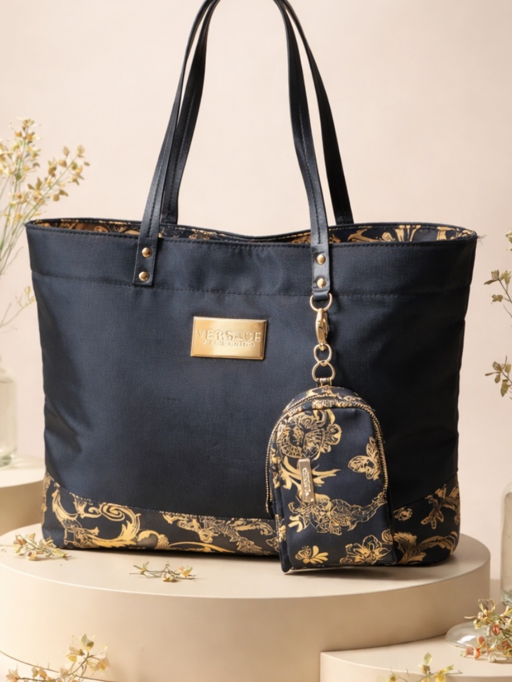 Authentic Versace Perfumes Black and Gold Tote with Pouch